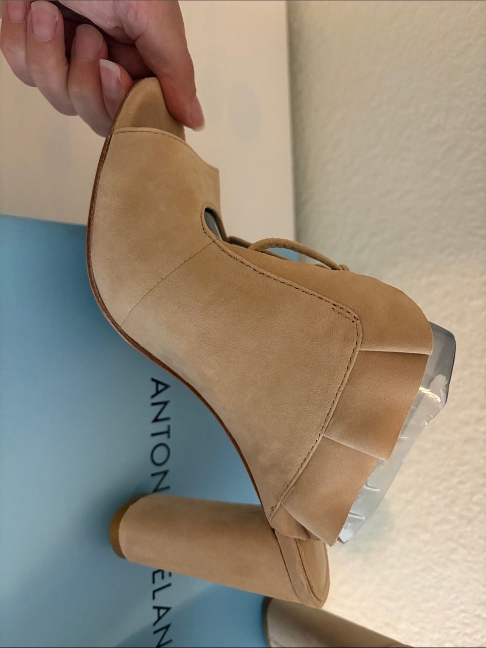 ANTONIO MELANI Tan Ruffle Peep-Toe Block Heels with Front Tie Detail - Picture 3 of 8